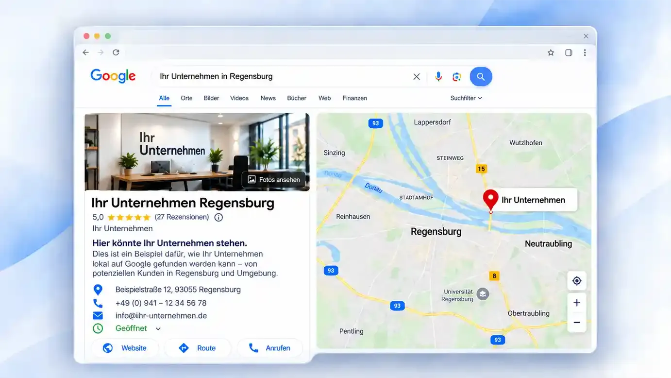 Beispielhafte Darstellung eines Unternehmensprofils in der Google-Suche und auf Google Maps in Regensburg