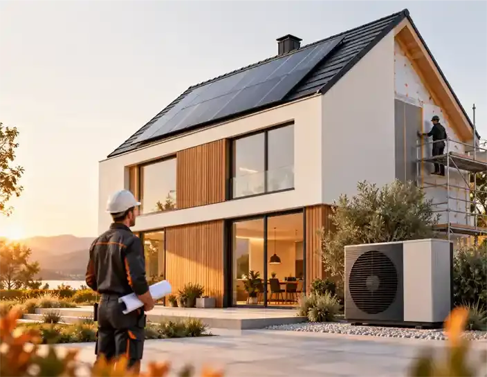 Modernes Wohnhaus mit Solaranlage, Wärmepumpe und Handwerker