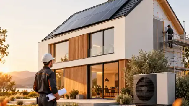 Modernes Wohnhaus mit Solaranlage, Wärmepumpe und Bauarbeiter