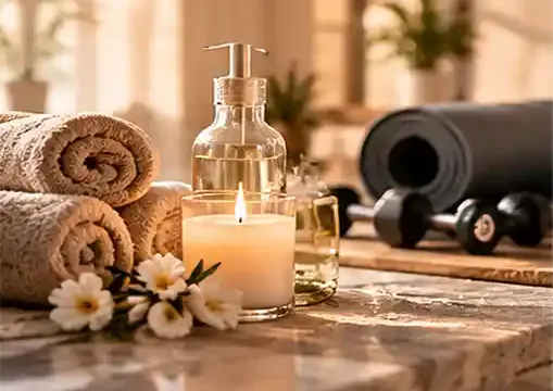 Handtücher, Pflegeprodukte und Hanteln in einem Wellnessbereich