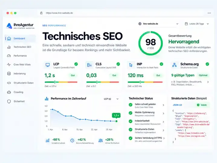 Illustration eines technischen SEO-Berichts mit Kennzahlen und Prüfergebnissen