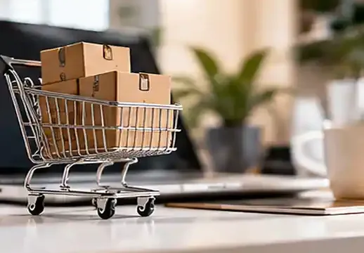 Miniatur-Einkaufswagen mit Paketen vor einem Laptop