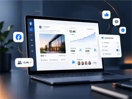 Illustration eines Facebook-Unternehmensprofils mit Statistiken auf einem Laptop