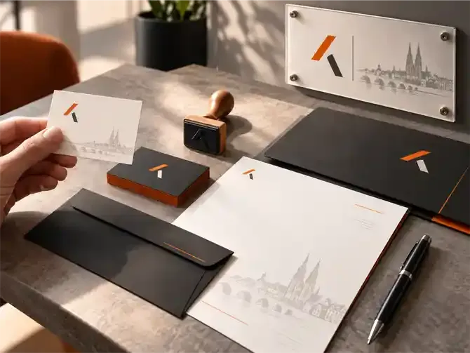 Geschäftsausstattung mit ixOne-Logo: Visitenkarten, Briefpapier und Stempel