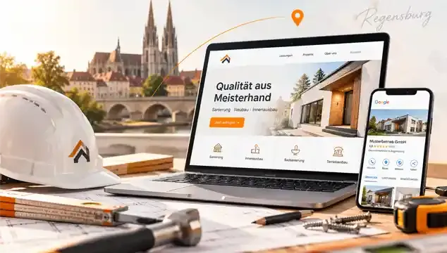 Handwerker-Website auf Laptop und Smartphone mit Regensburger Stadtansicht im Hintergrund