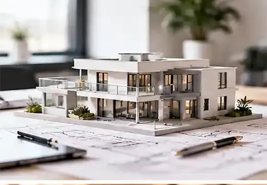 Architekturmodell eines Wohnhauses auf einem Schreibtisch mit Bauplänen
