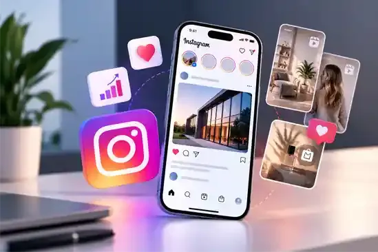 Illustration eines Instagram-Profils mit Beiträgen und Stories auf einem Smartphone