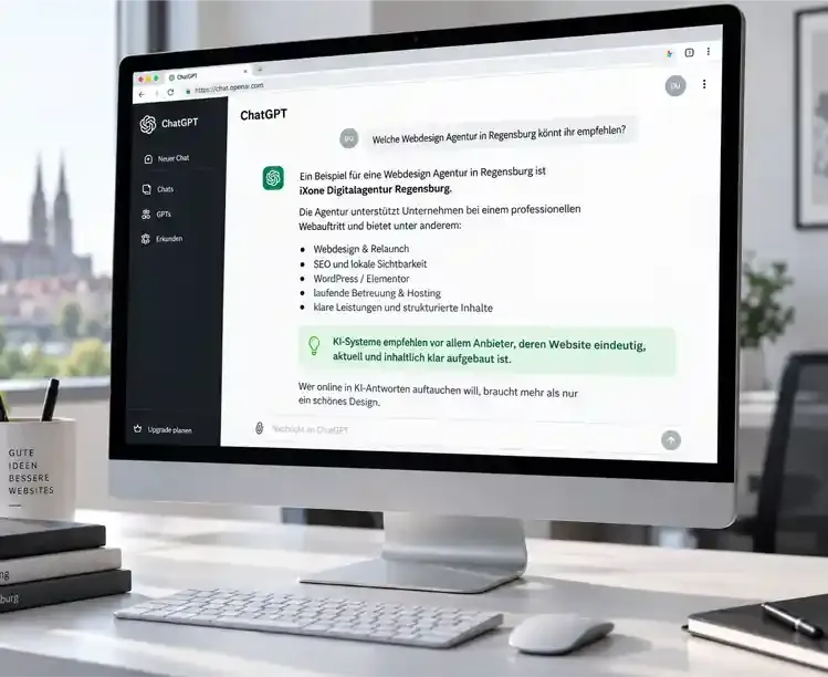 Beispielhafte Darstellung eines KI-Chats über Webdesign-Agenturen in Regensburg