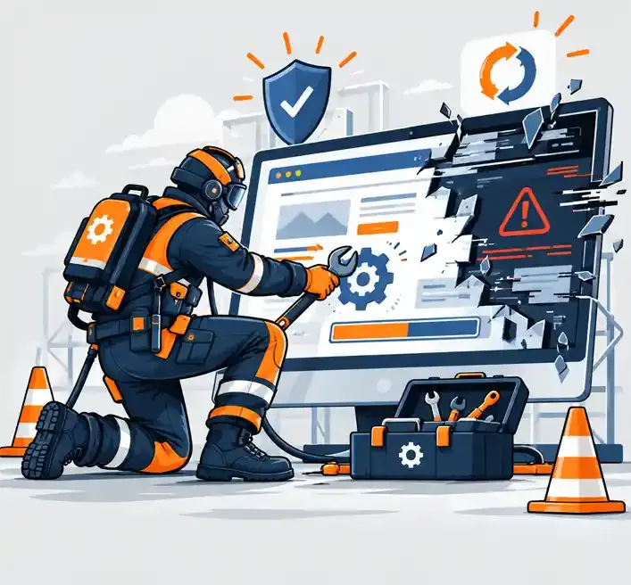 Illustration zur Websitepflege: Roboter wartet eine Website mit Werkzeugen und Schutzsymbol
