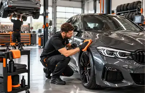 Kfz-Mechatroniker bei der Fahrzeugdiagnose in einer Werkstatt