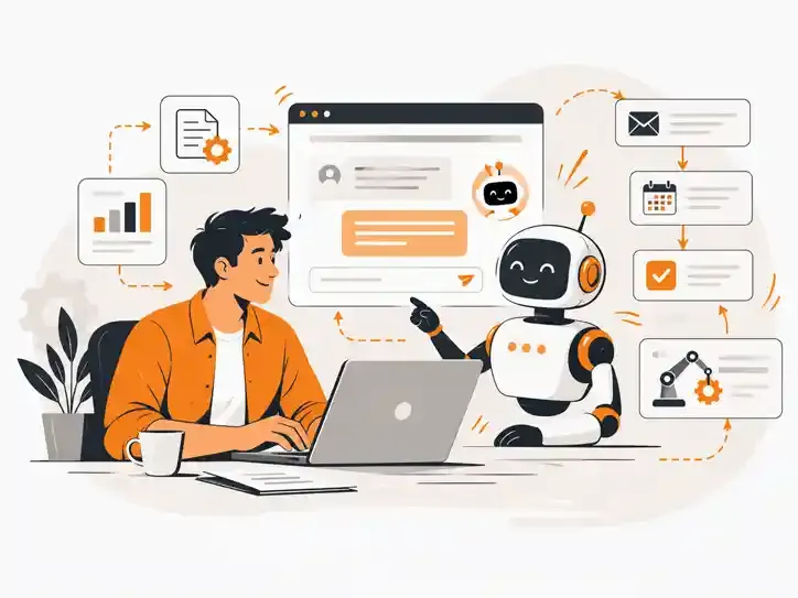 Illustration eines Mitarbeiters am Laptop mit KI-Assistent und verknüpften Arbeitsabläufen