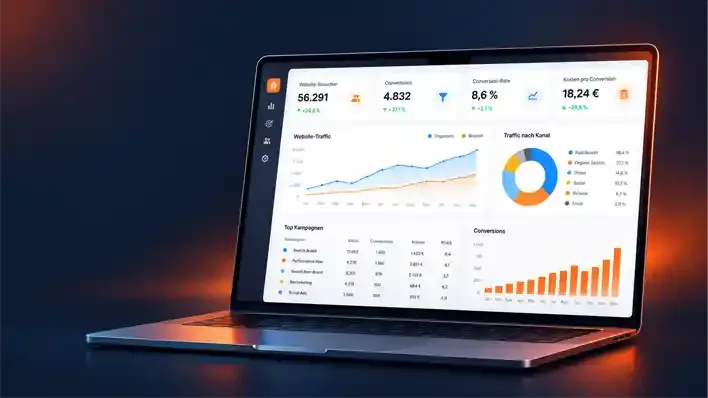 Laptop mit einem Marketing-Dashboard und Diagrammen zur Kampagnenauswertung