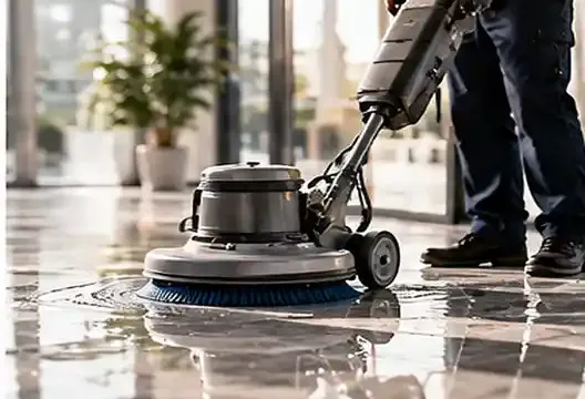Reinigungskraft mit Bodenreinigungsmaschine in einem Gebäude