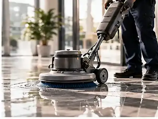 Reinigungskraft mit Bodenreinigungsmaschine bei der Unterhaltsreinigung in einem Gebäude