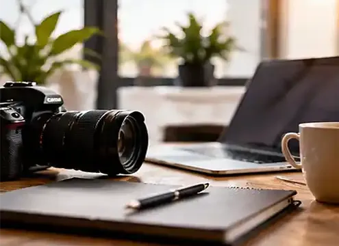 Arbeitsplatz mit Kamera, Laptop und Smartphone