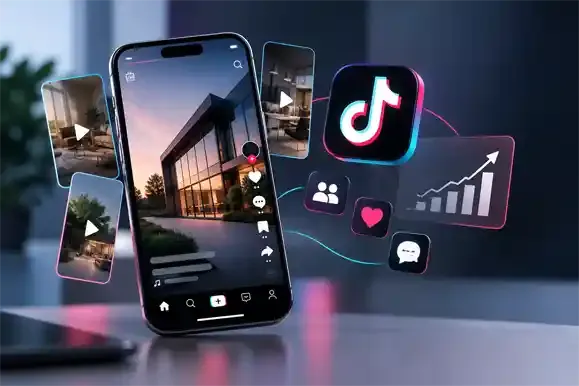 Illustration eines Smartphones mit TikTok-Logo, Videos und Reichweitendiagramm