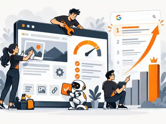Illustration zur Website-Optimierung mit Ladezeit-Anzeige, Checkliste und ansteigendem Diagramm