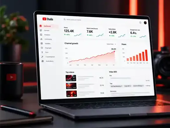 Illustration eines YouTube-Analyse-Dashboards auf einem Laptop